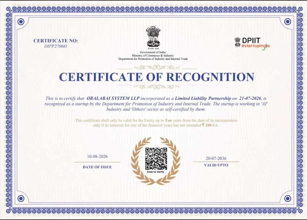 DPIIT Startup India Certificate of Recognition for ORALABAI SYSTEM LLP, certificate number DIPP276661